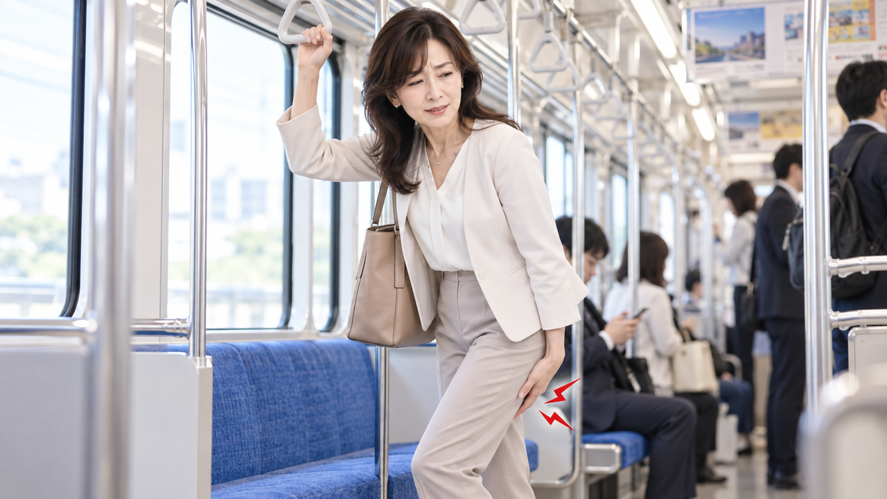 脚のしびれを気にしながら立っている女性
