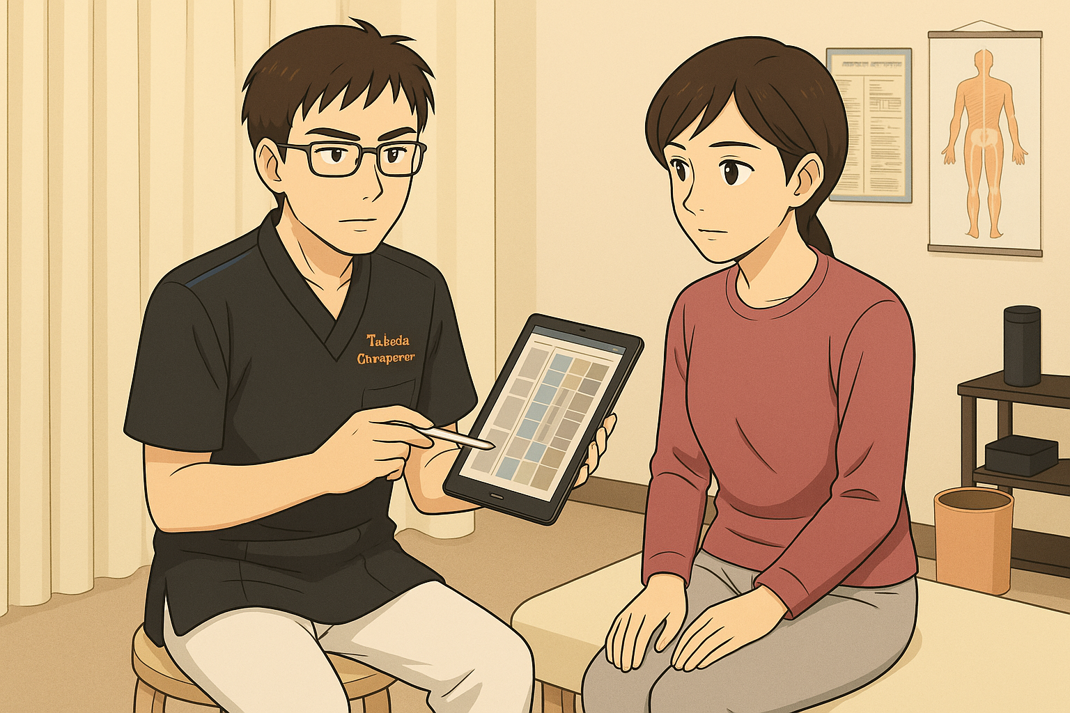 ぎっくり腰のクライアントさんに、院長が施術の方針を説明している画像。