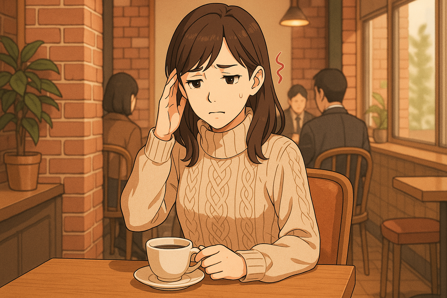 コーヒーを飲みながら頭痛を気にしている女性