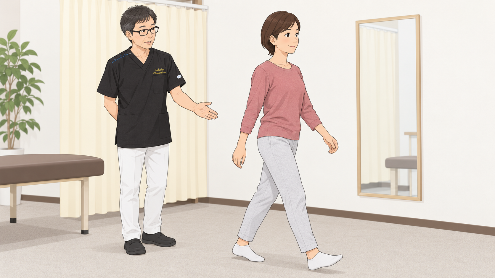 整体師が女性の歩き方を確認している