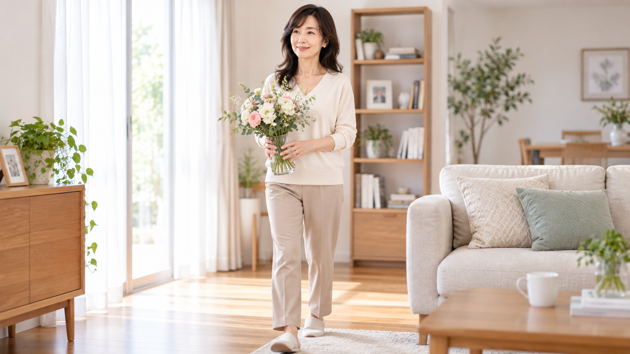 女性が家の中で花瓶を持って歩いている。
