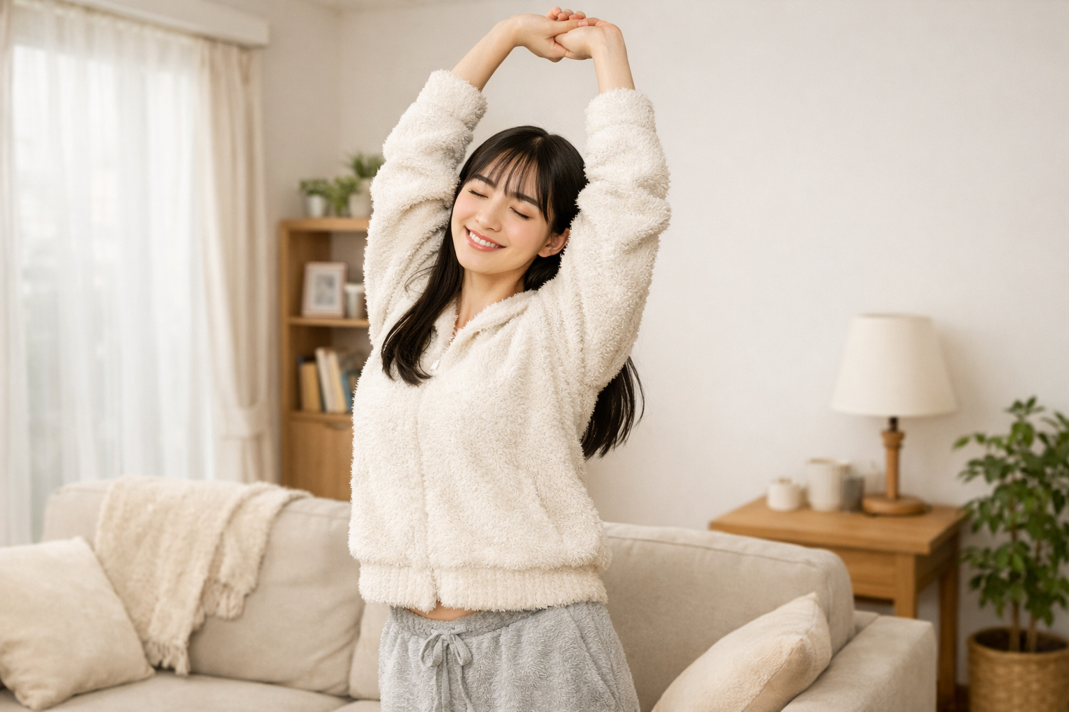 両手を上に上げている女性