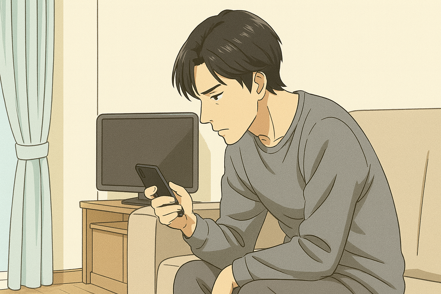 ストレートネックでスマホを見ている男性の画像