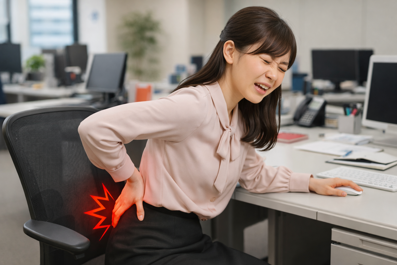 突然の腰痛に襲われている女性