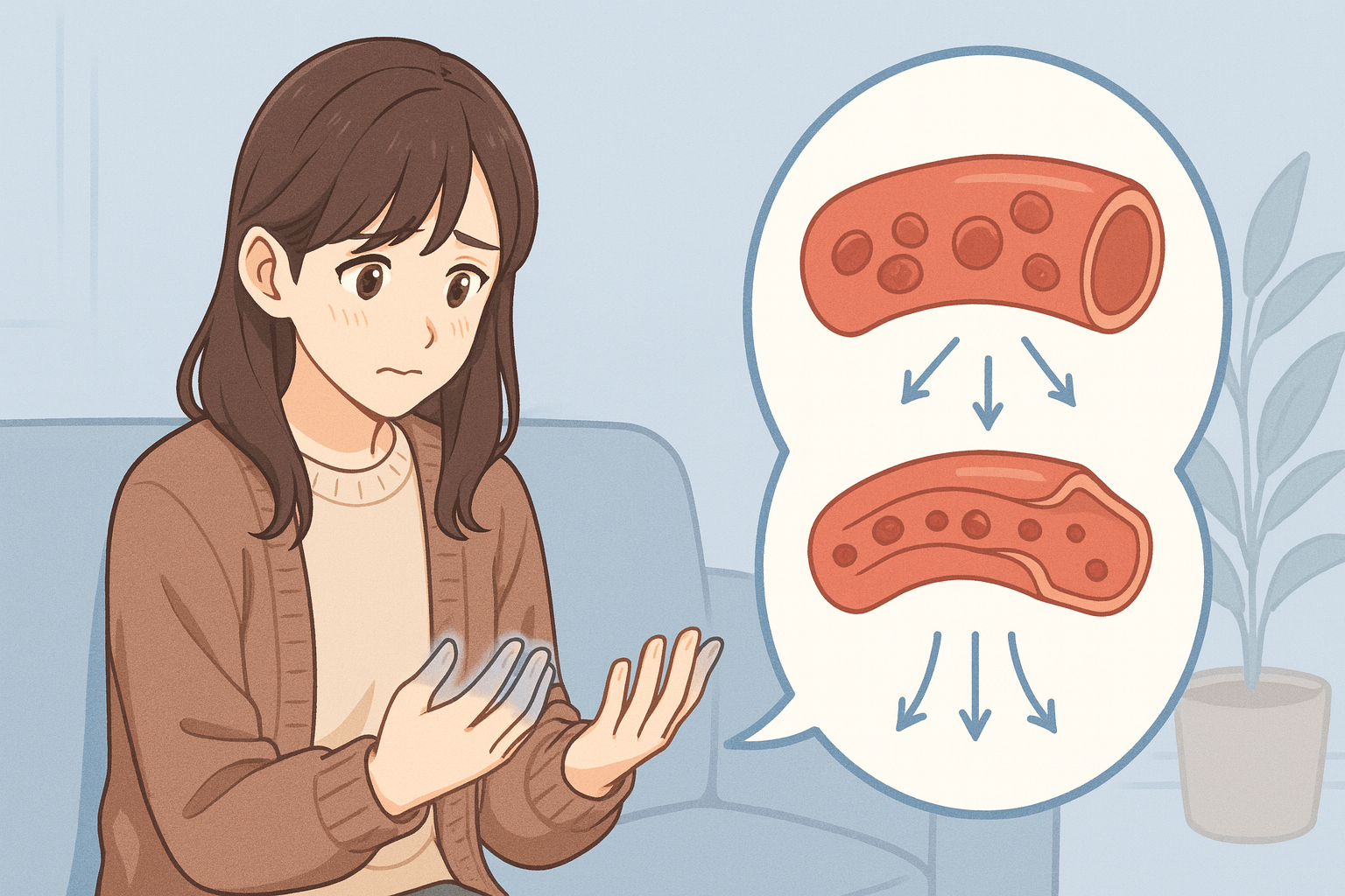 血流不足を気にしている女性。