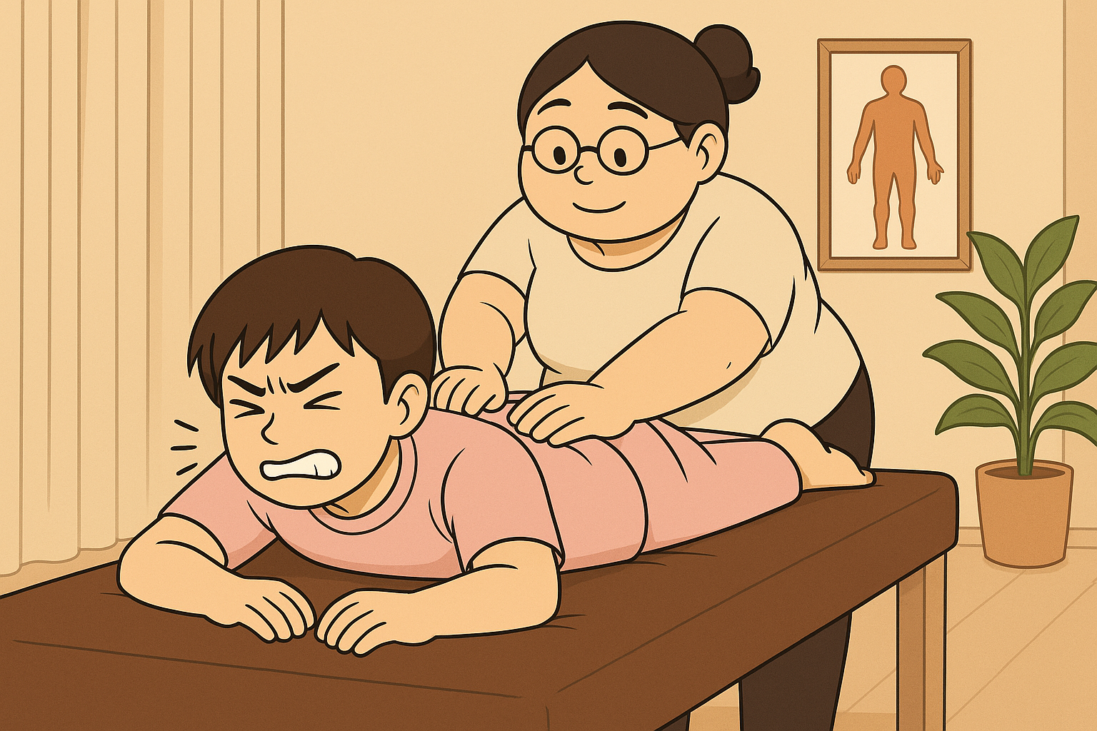 強いマッサージを受けて痛がっている女性