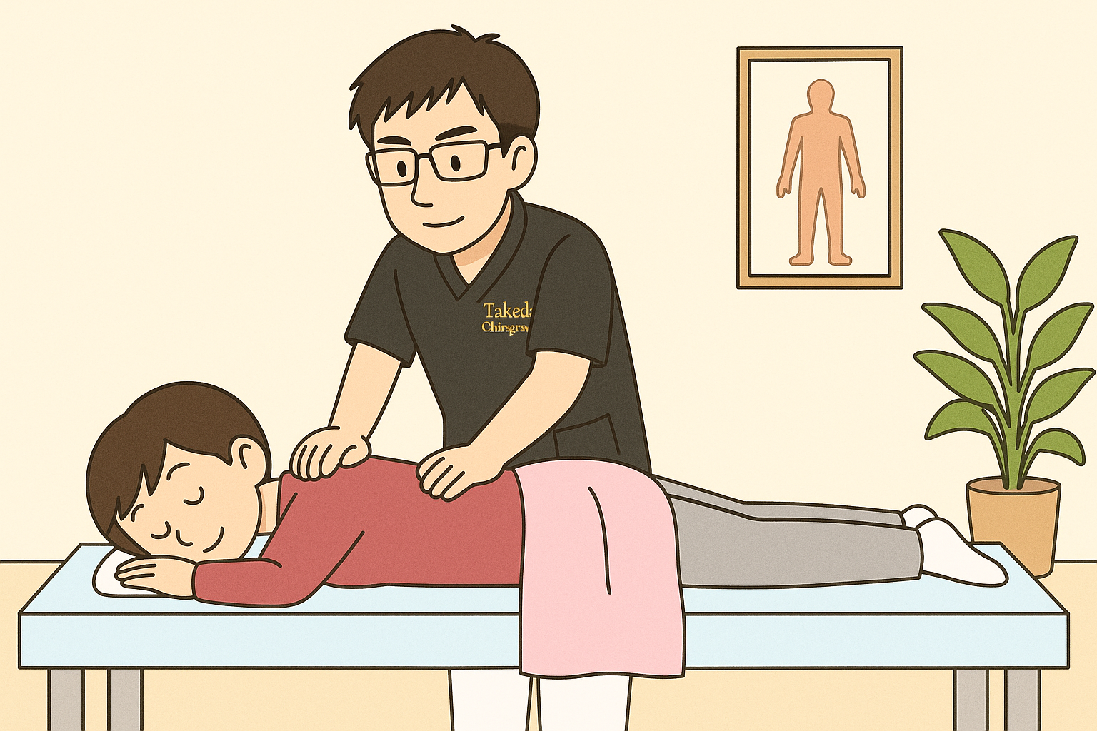 ぎっくり腰のクライアントさんに、院長がソフトな施術をしている画像。
