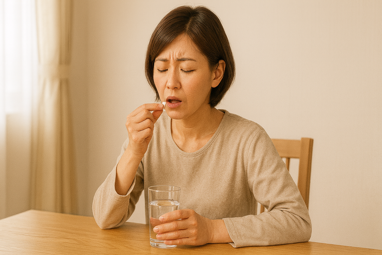 肩こりが続いて痛みになったのをを痛み止めで我慢している女性