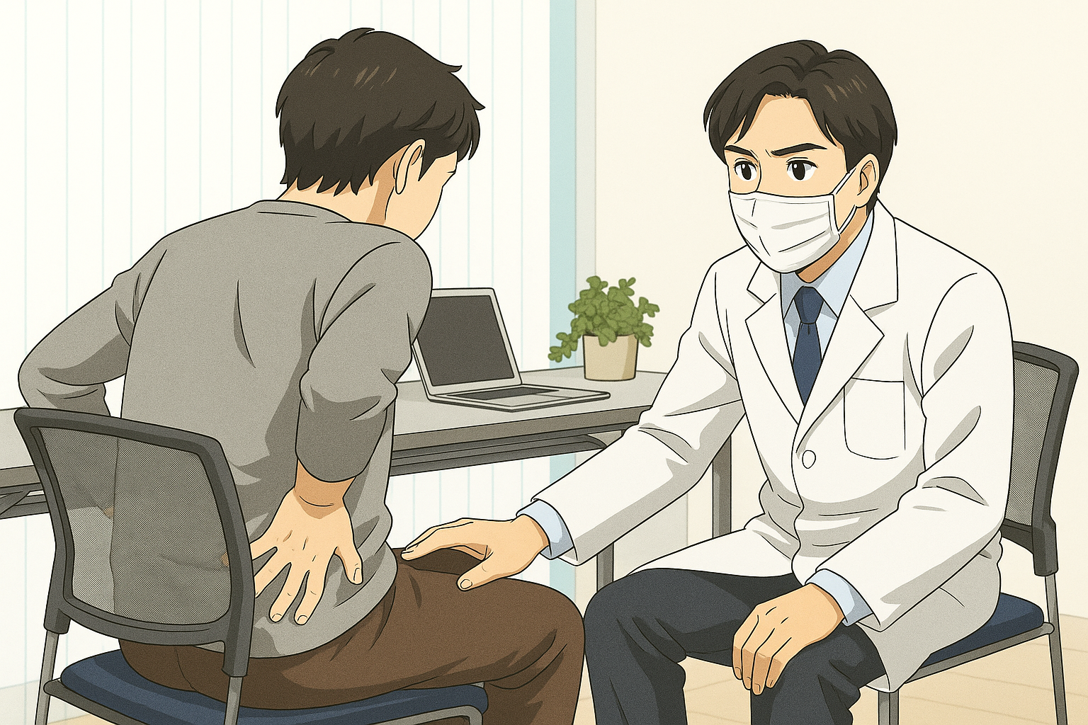 坐骨神経痛が気になる男性が、整形外科医の診断を受けている