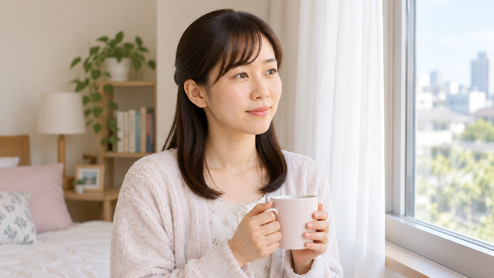 自宅の部屋から外を眺めている女性