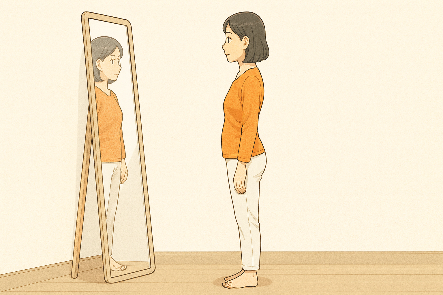 自分の姿勢をチェックしている女性の画像