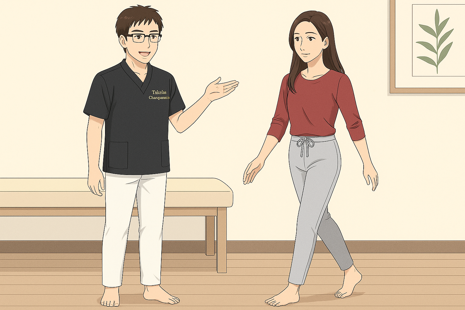 院長が女性クライアントに歩き方を教えている