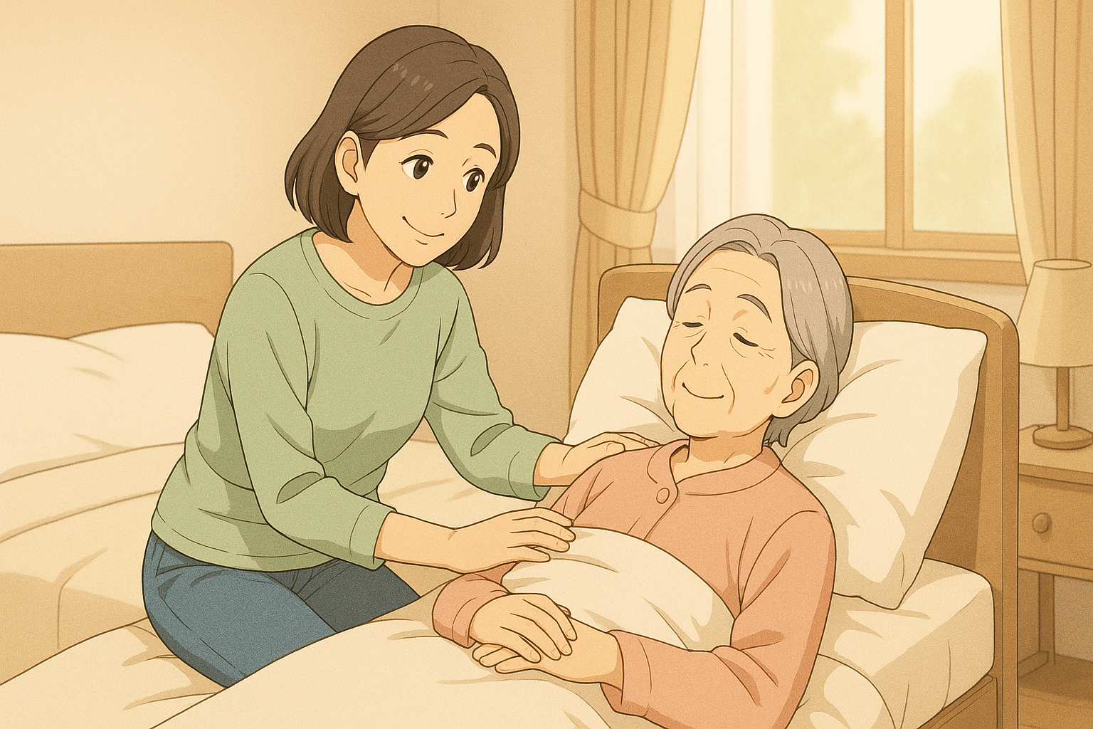 母親の介護をしている女性