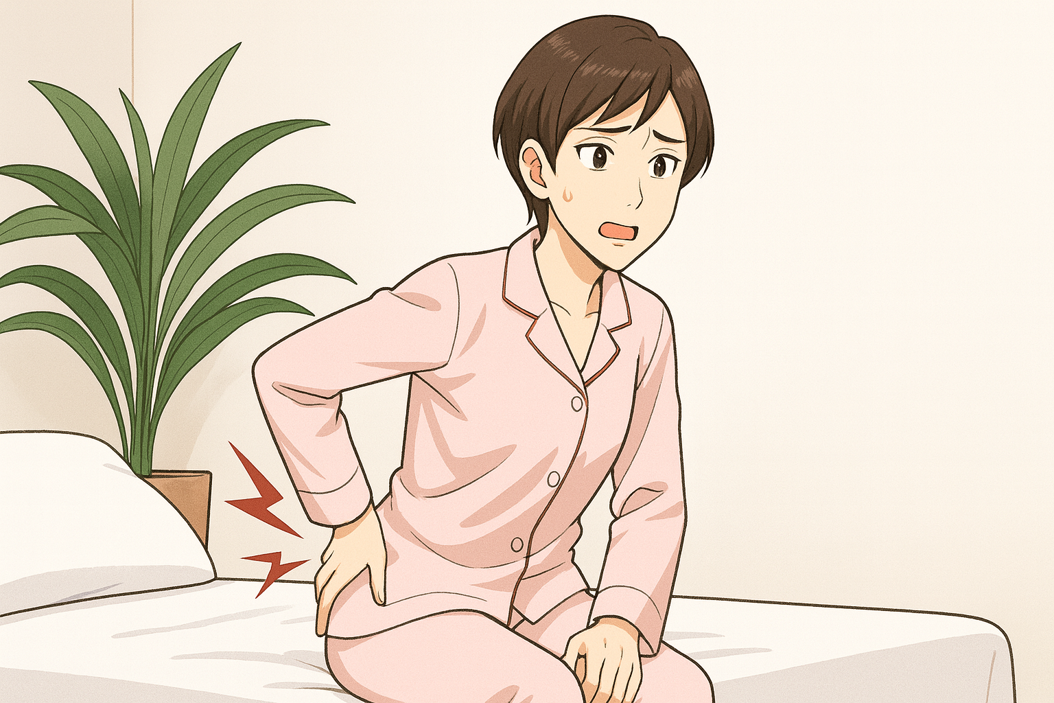 朝起きて腰が痛くて困っている女性。