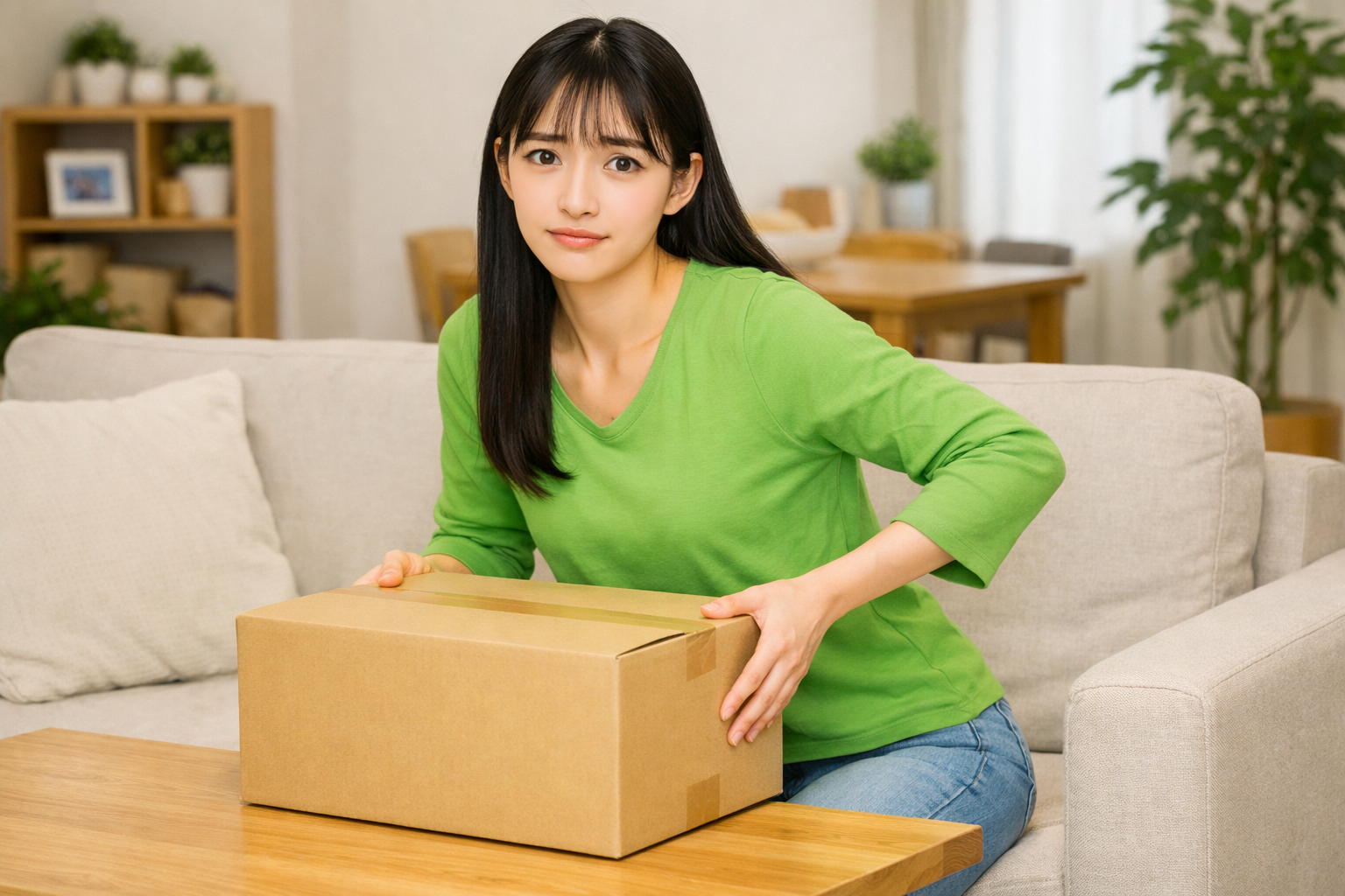 物を持ち上げるのに不安を感じている女性