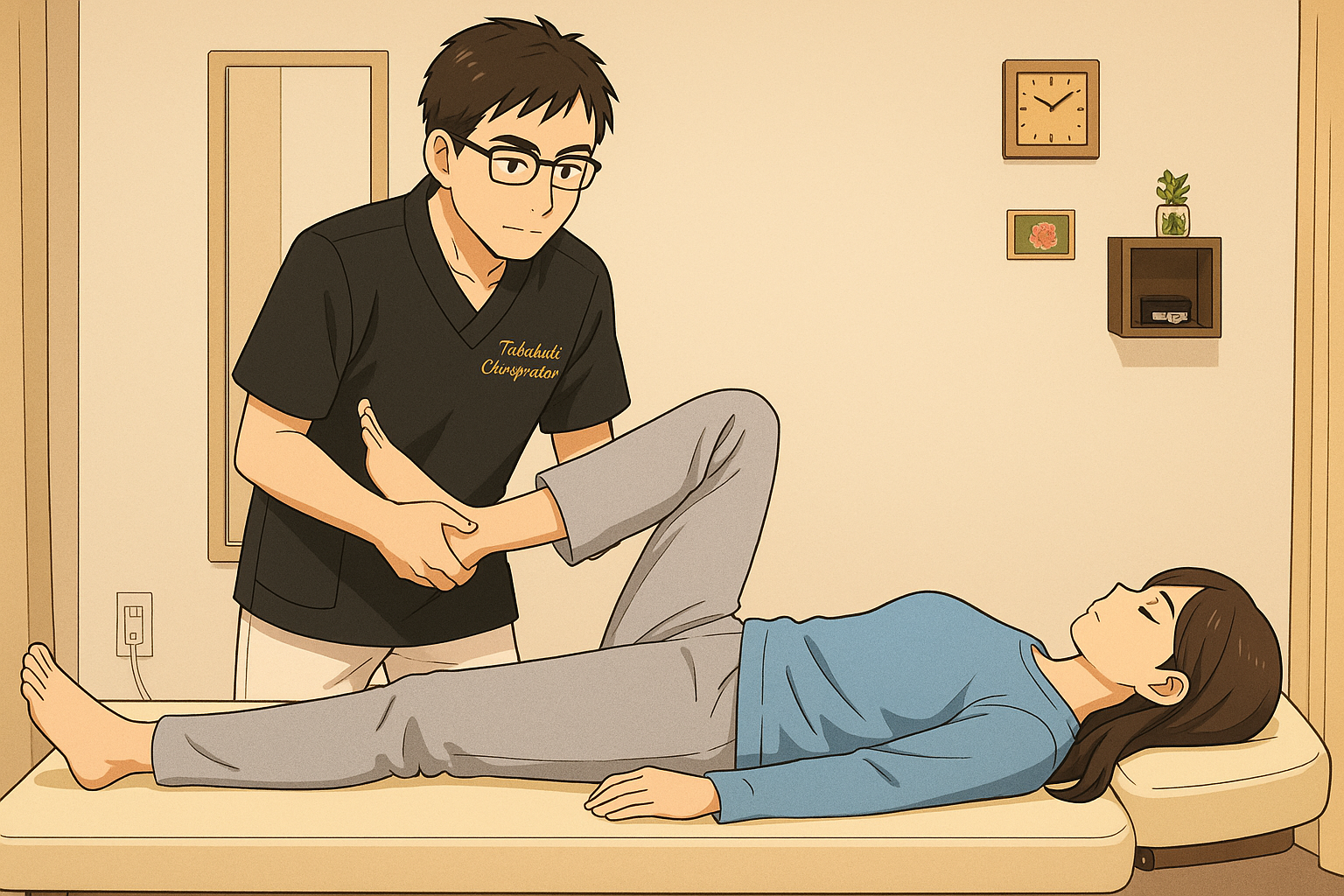 m女性のクライアントさんに股関節の調整をしている