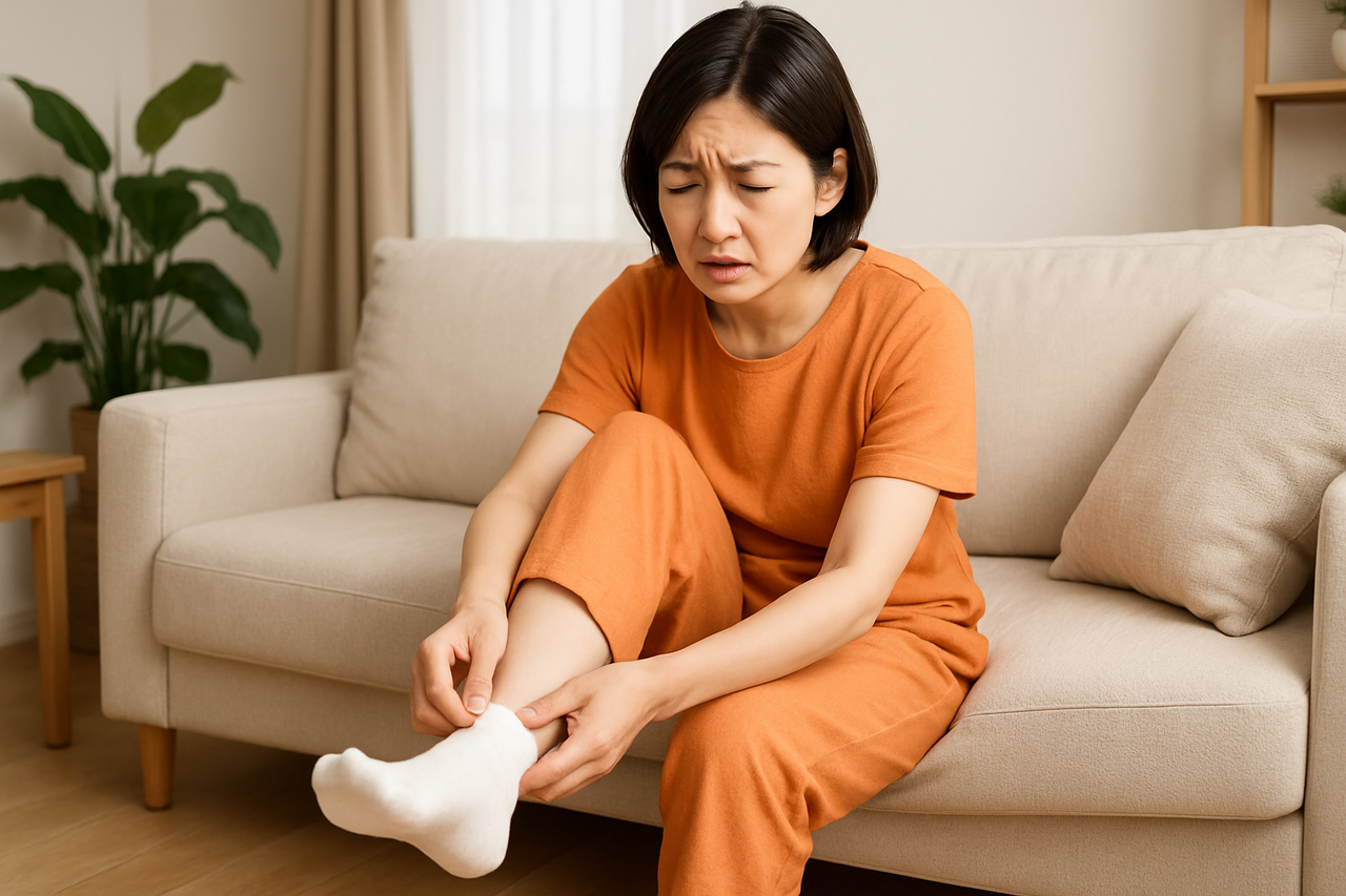 つま先の痛みで困っている女性