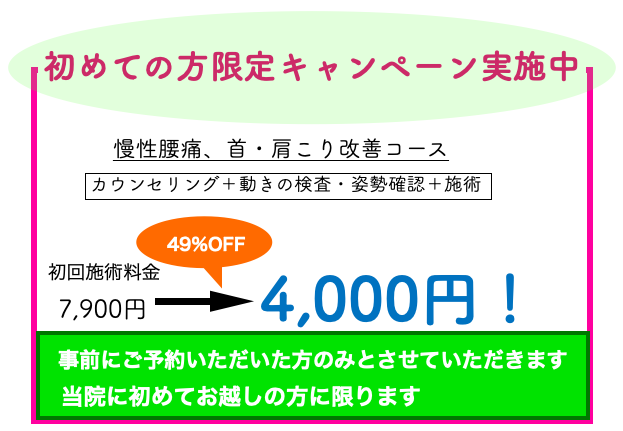 初めての方限定キャンペーン。初回の施術料金7,900円を49％オフの4,000円にいたします。