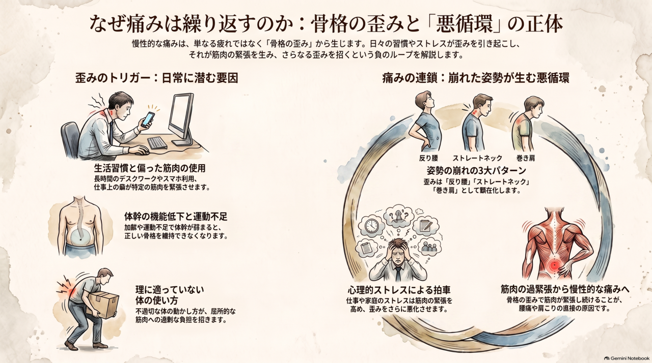 腰の痛みや肩のこりには色々な原因が複雑に関係している