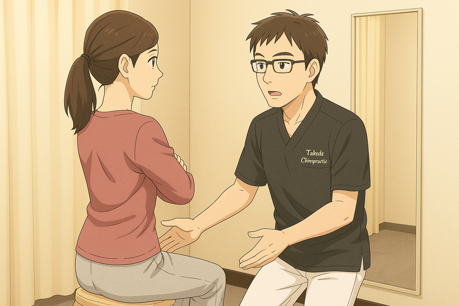 整体師が女性に症状について詳しく聞いている