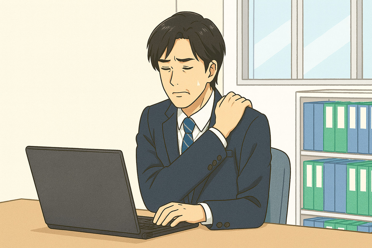 肩の凝りを気にしながらパソコンで仕事をする男性