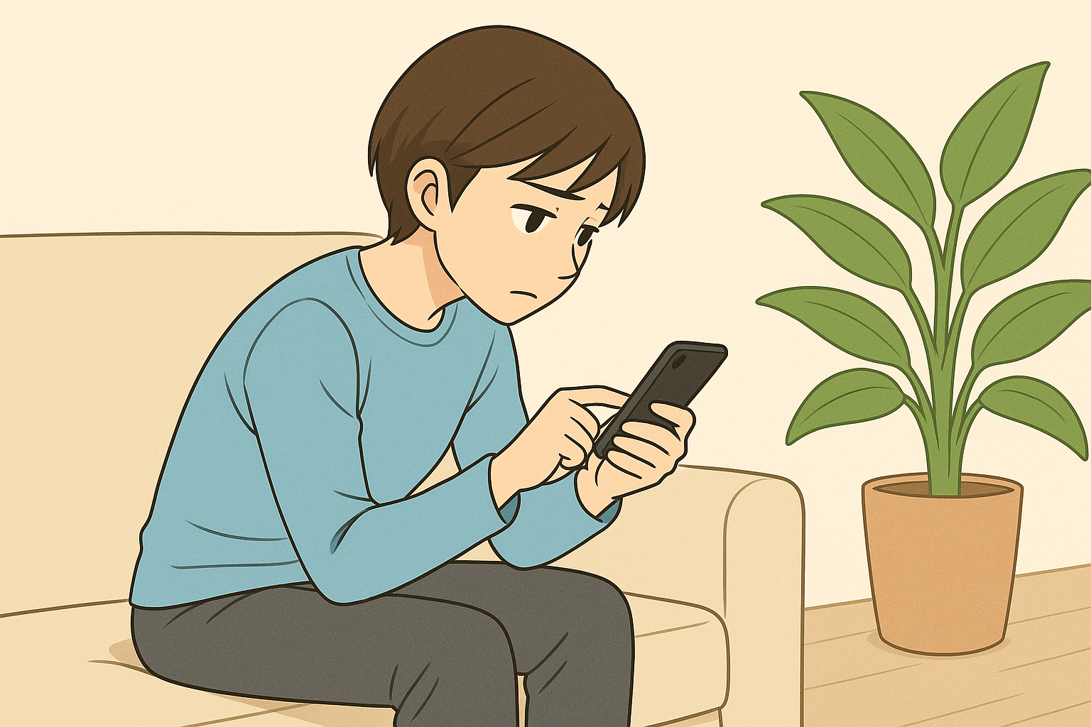 ソファーに座って、猫背でスマホを見ている女性。