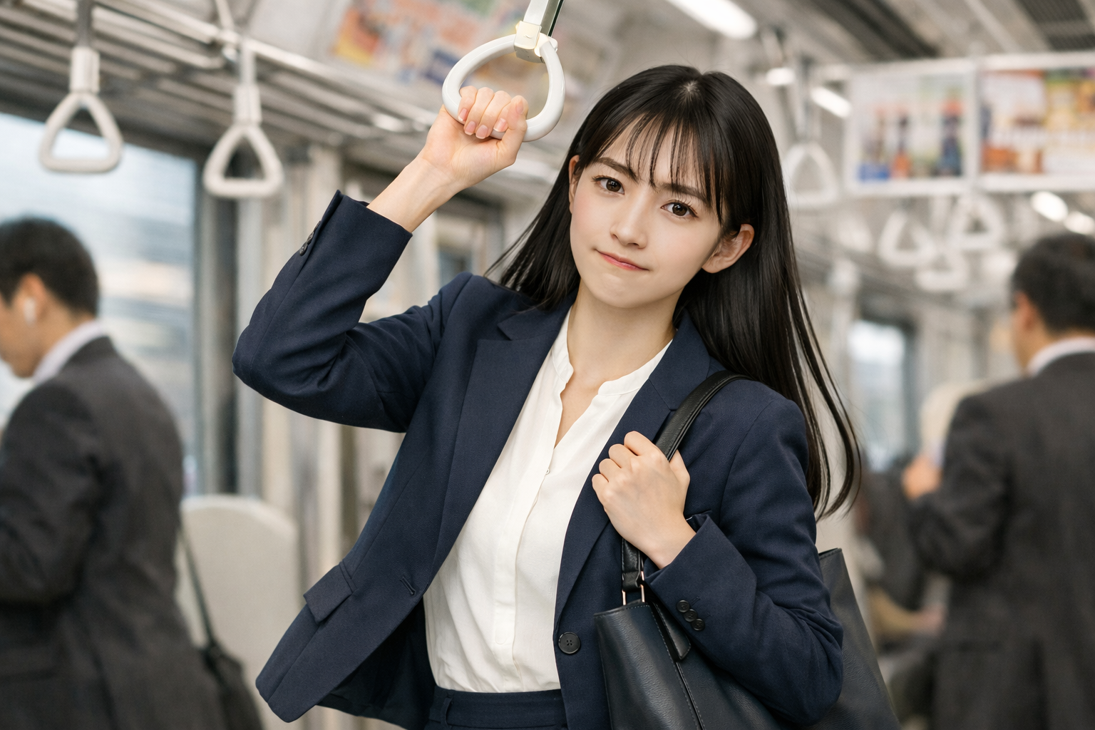 電車の中で立っている女性