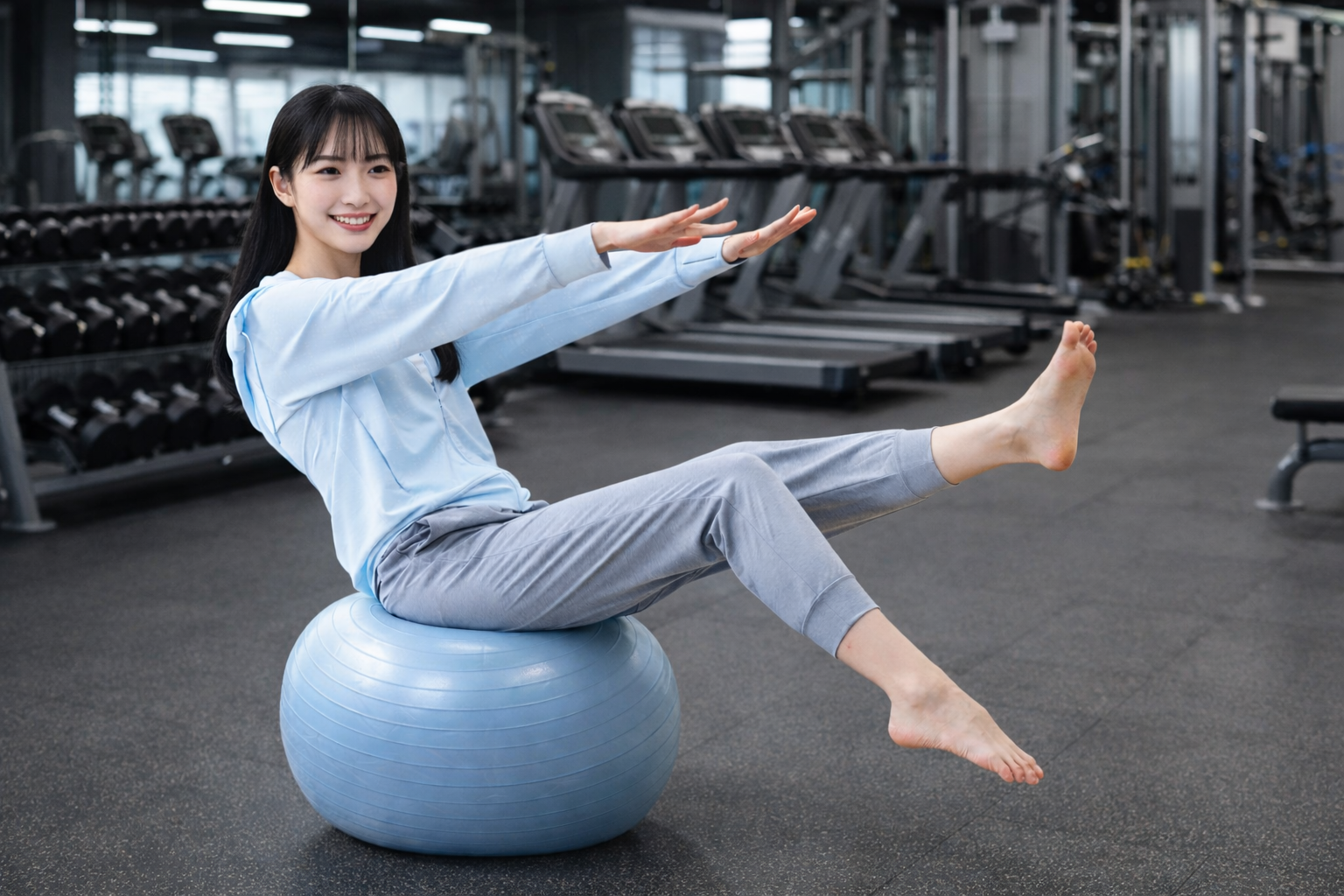 バランスボールの上に乗っている女性