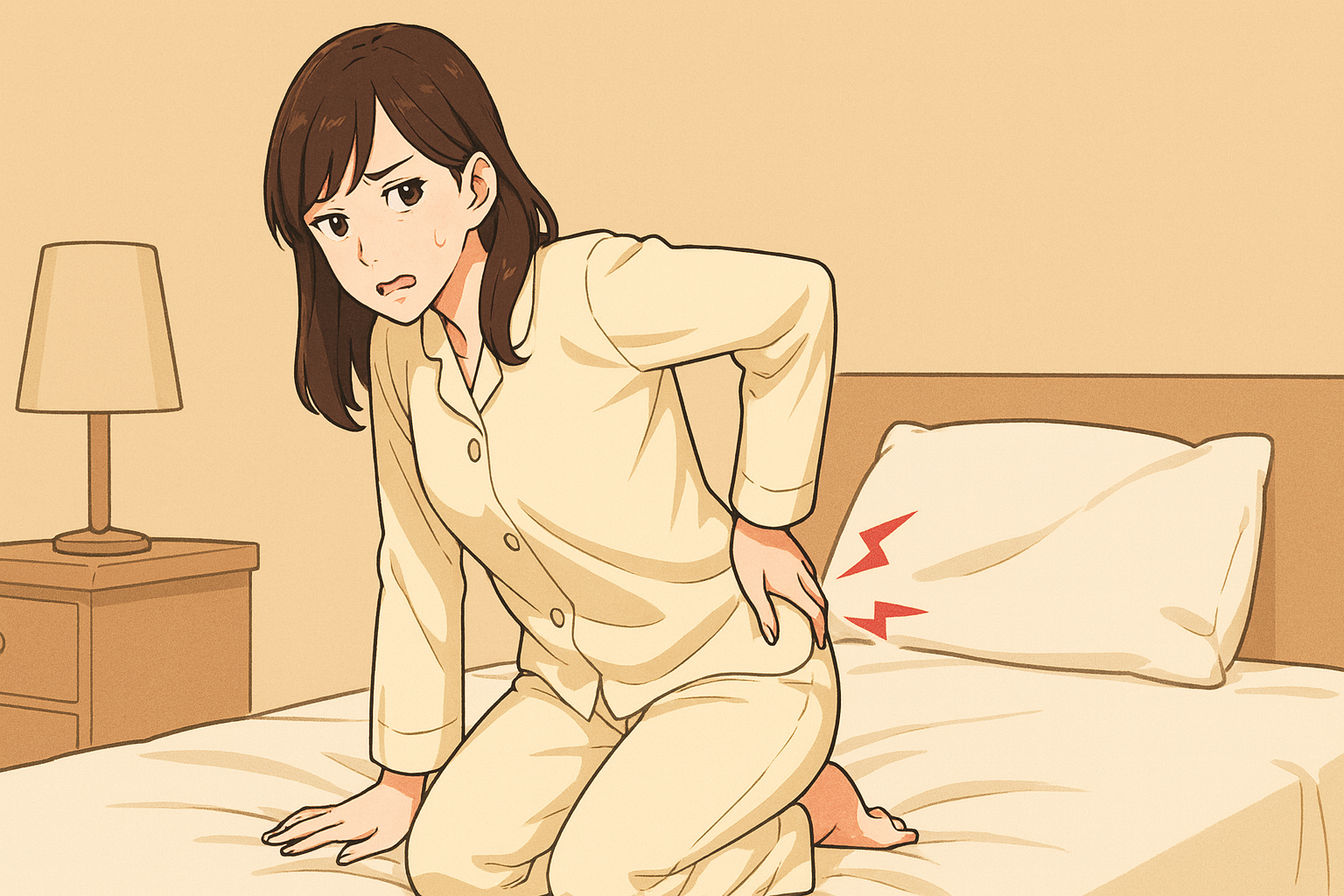 朝起き上がるときに腰の痛みを気にしている女性