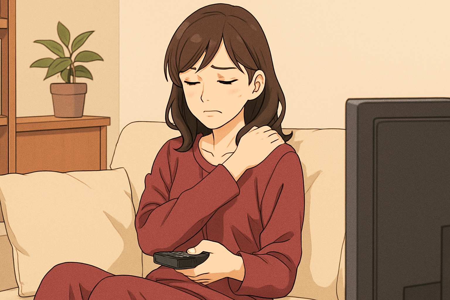 テレビを見ながら肩こりを気にしている女性