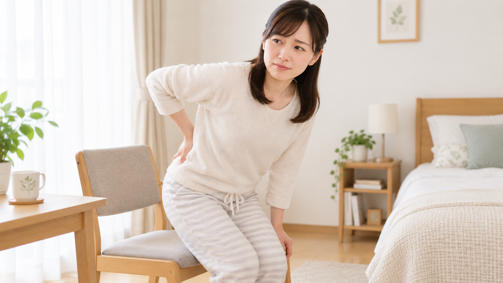 腰を庇いながら椅子から立ちあがろうとしている女性