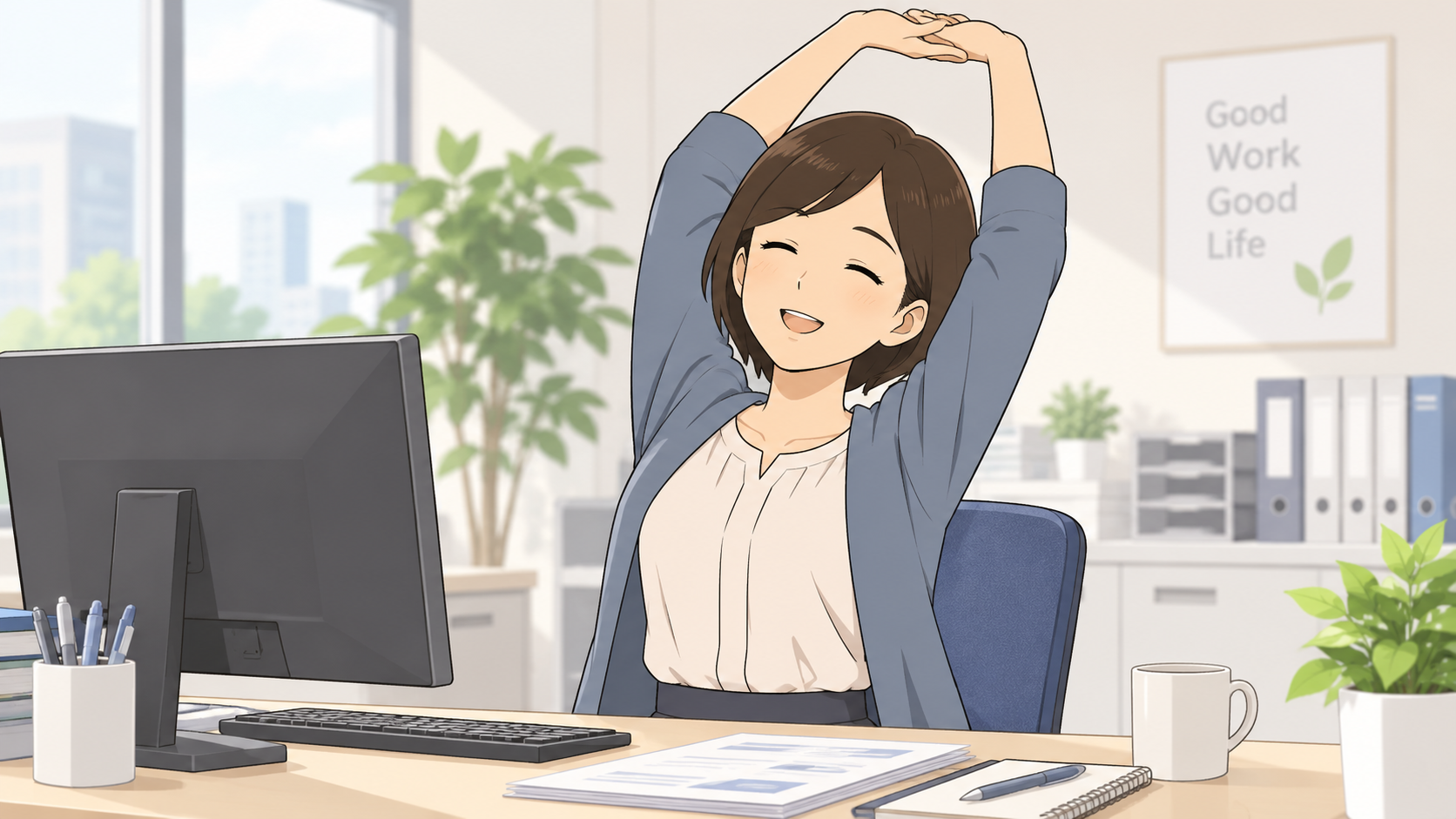 仕事中に背伸びをしている女性