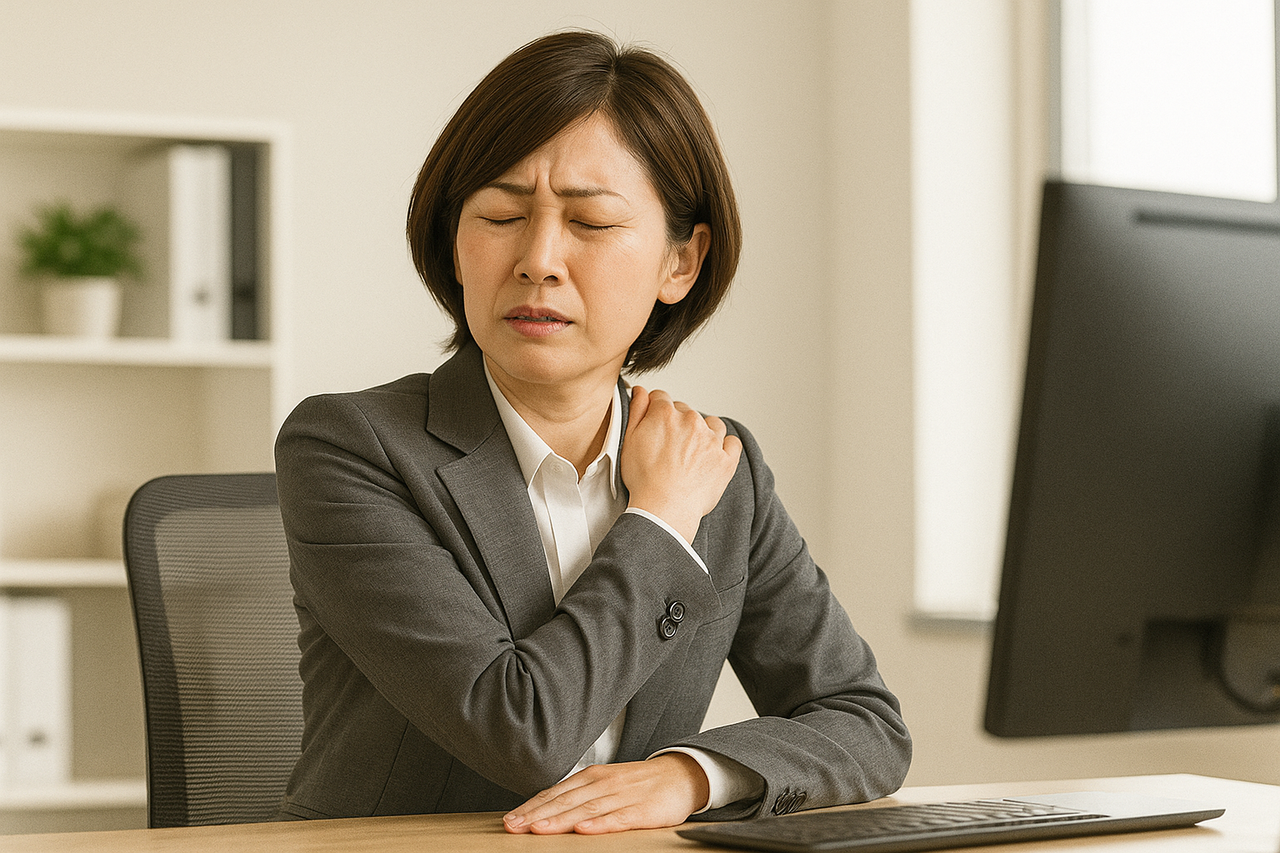 仕事中に肩こりで困っている女性