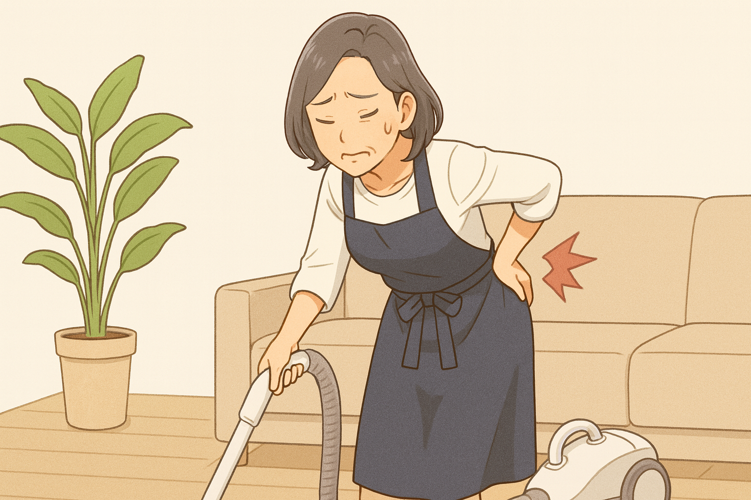 掃除機をかけながら腰の痛みを気にしている女性