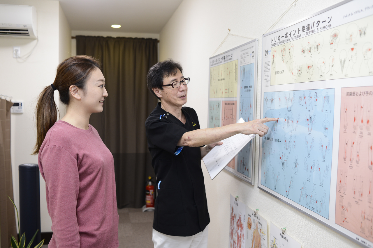 クライアント様に痛みが出ている原因を説明している写真