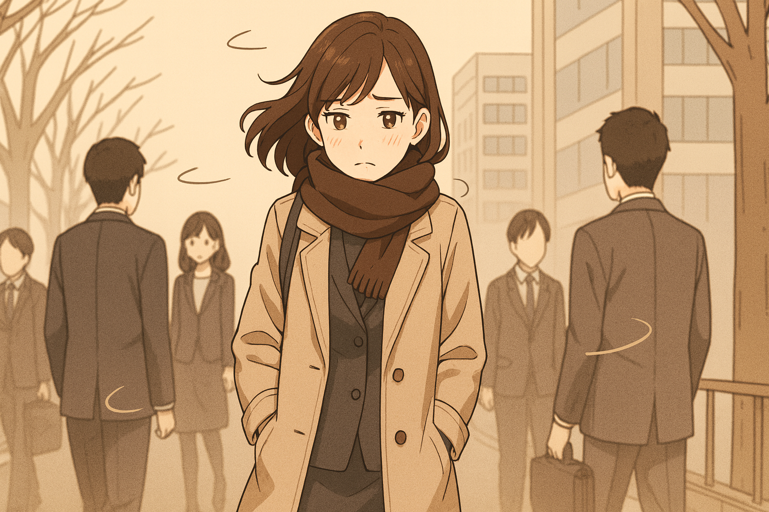 通勤中の女性。寒そうにして歩いている。