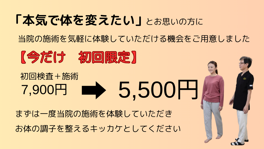 本気で体を変えたいとお思いの方に、当院の施術を気軽に体験していただける機会をご用意しました。初回の料金を検査、施術で7,900円のところを5.500円にいたします。
