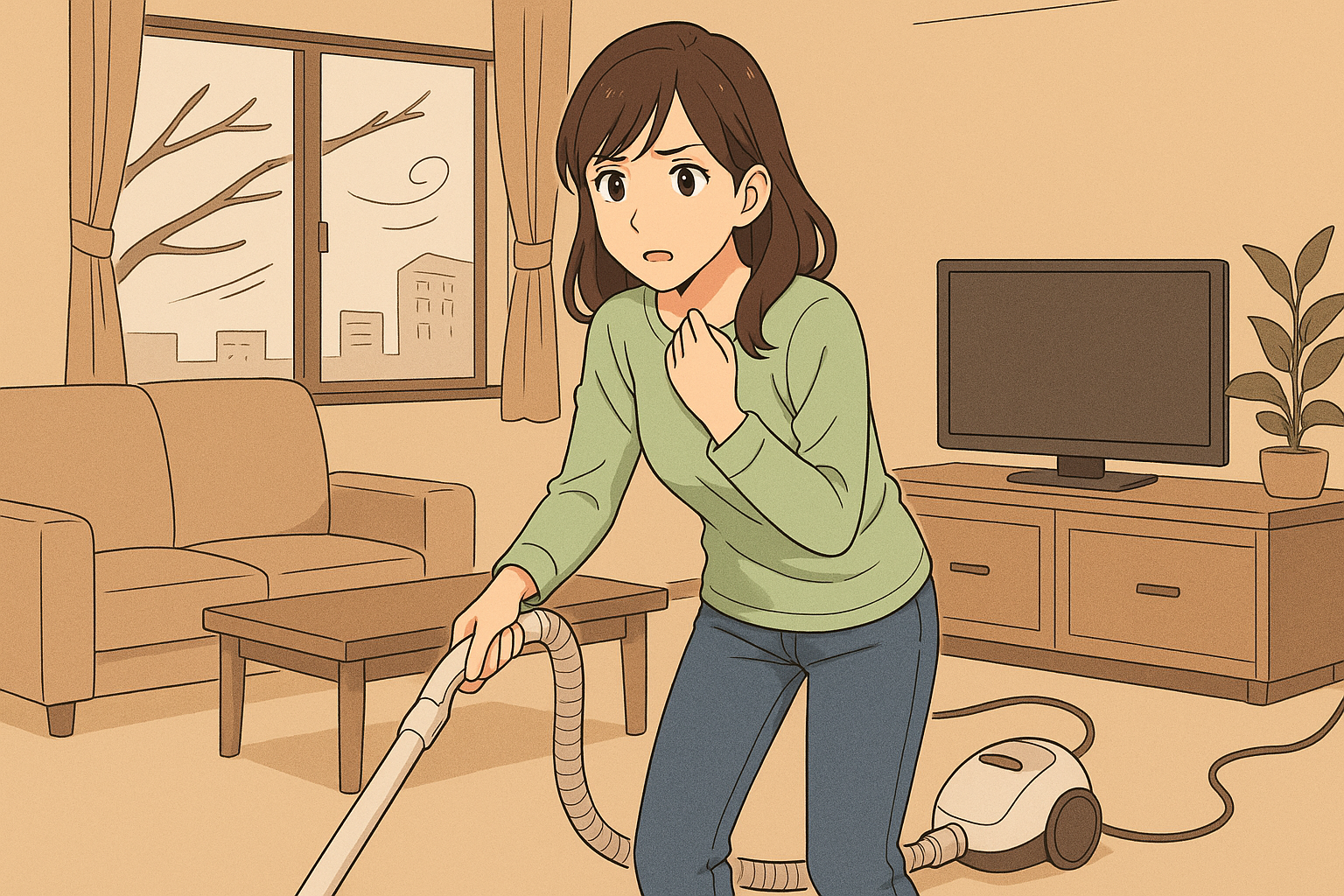 忙しそうに掃除をしてる女性