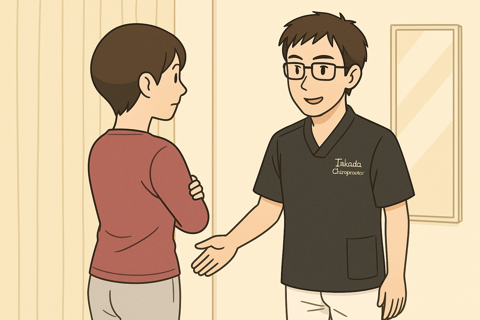 ぎっくり腰のクライアントさんに、院長が施術前の検査をしている画像。