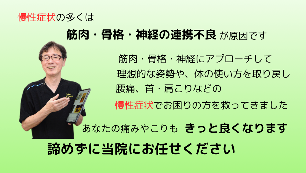 慢性症状の多くは筋肉、骨格、神経の連携不良が原因です。当院では筋肉、骨格、神経にアプローチして慢性症状でお困りの方を救ってきました。諦めずに当院にお任せください。