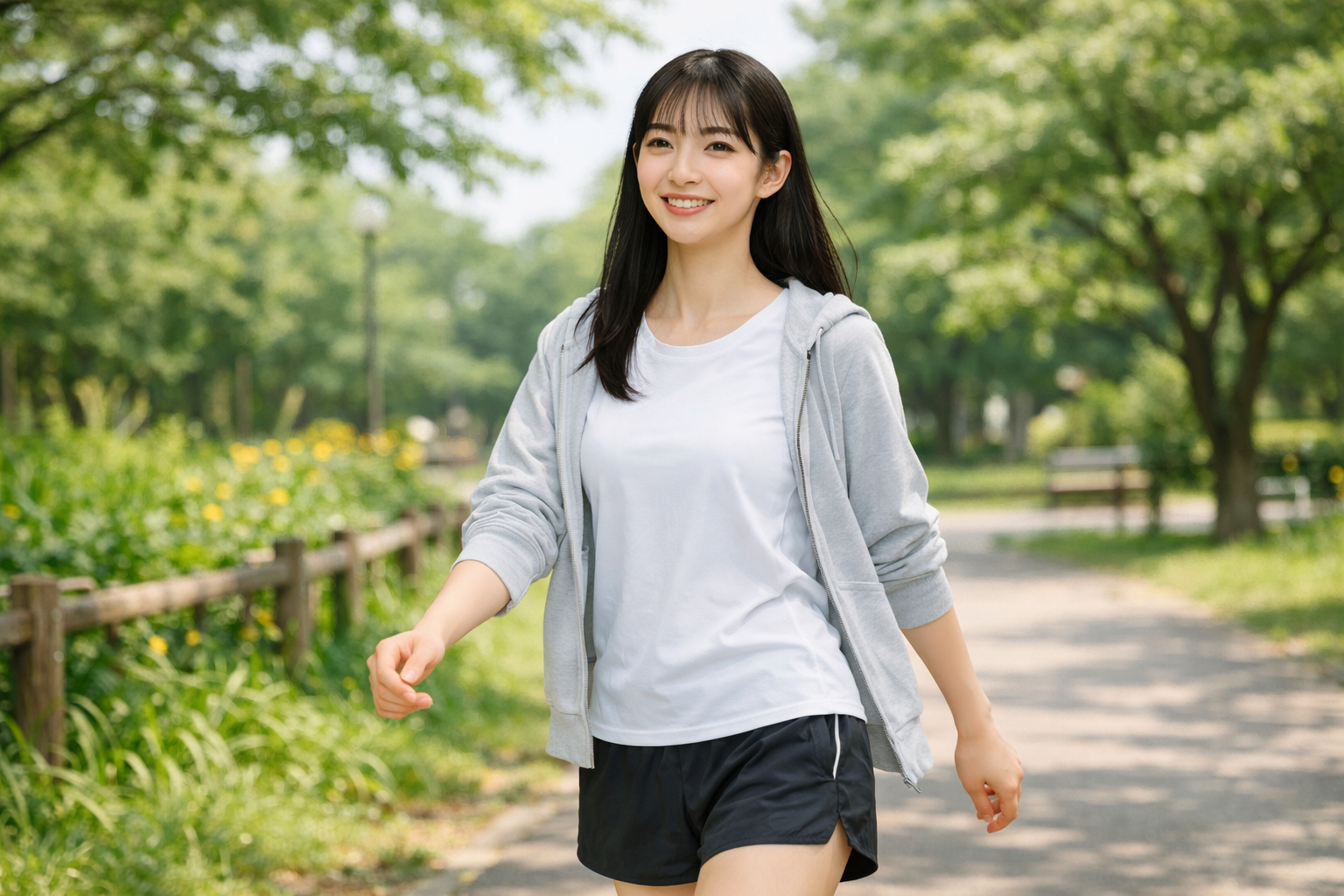 公園を散歩する女性